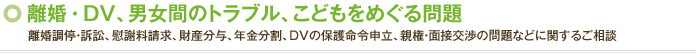 離婚・DV、男女間のトラブル、こどもをめぐる問題｜離婚調停・訴訟、慰謝料請求、財産分与、年金分割、DVの保護命令申立、親権・面接交渉の問題などに関するご相談