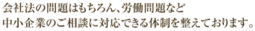 会社法の問題はもちろん、労働問題など中小企業のご相談に対応できる体制を整えております。